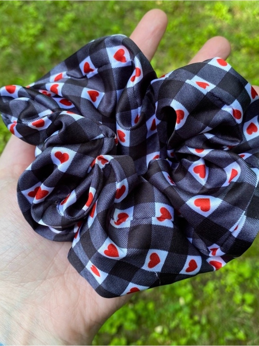 Black Checkered Scrunchie with Red Hearts